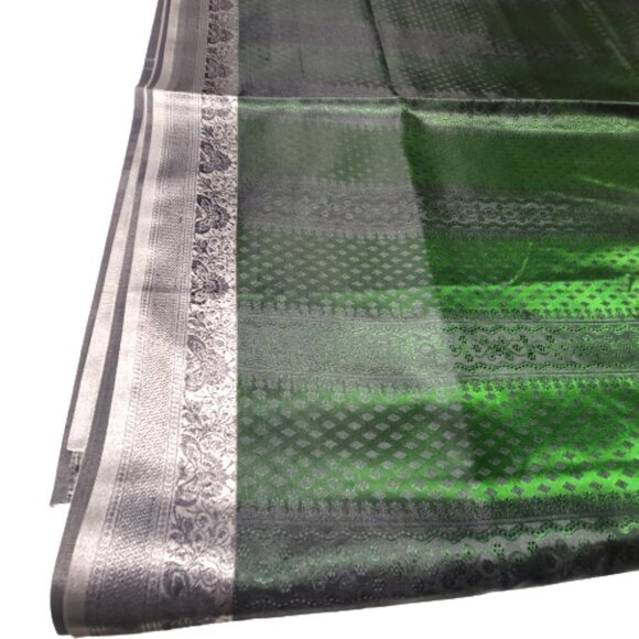 Green and Grey Sheen Saree Unstitched with Blouse Piece - NEW! - Picture 9 of 10